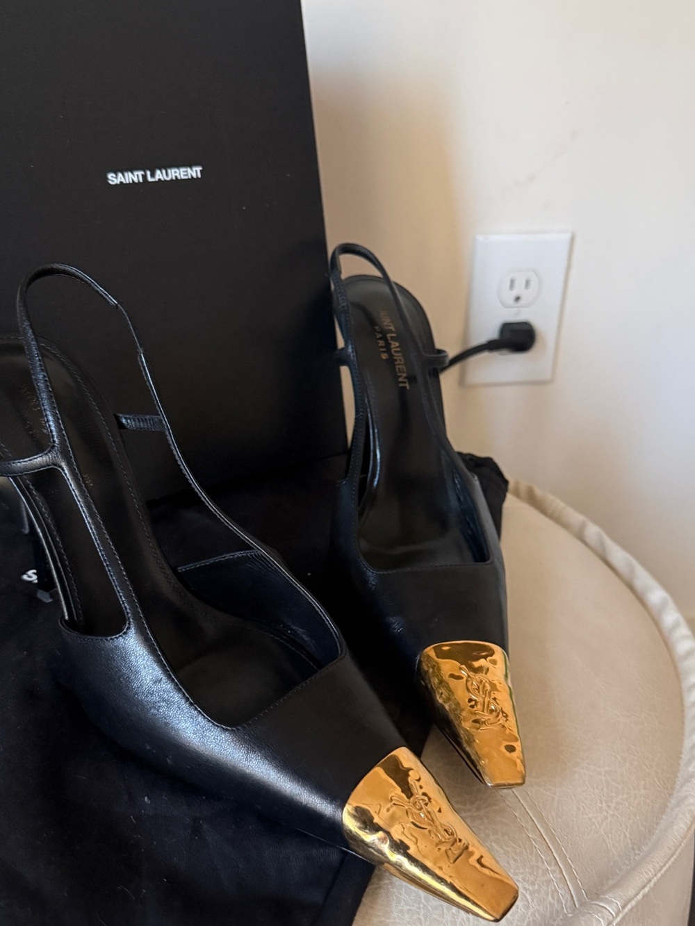 Saint Laurent Black Leather Slingback Pumps with Gold Cap Toe - Picture 3 of 3